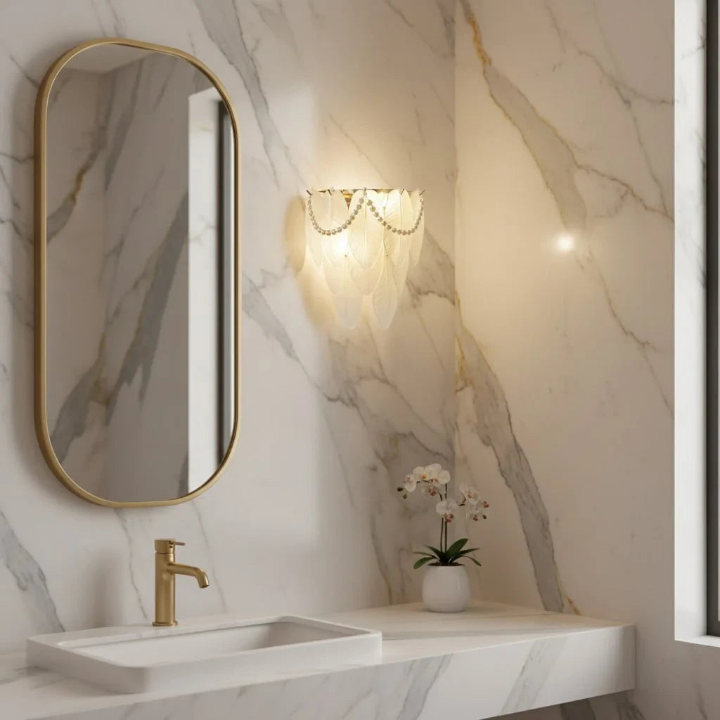 Modern Frosted White Feather Wave Art Glass Wall Sconce with Pearl Strand in Luxury Bathroom