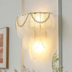 Illuminated Modern Frosted White Feather Wave Art Glass Wall Sconce with Pearls Studio Display