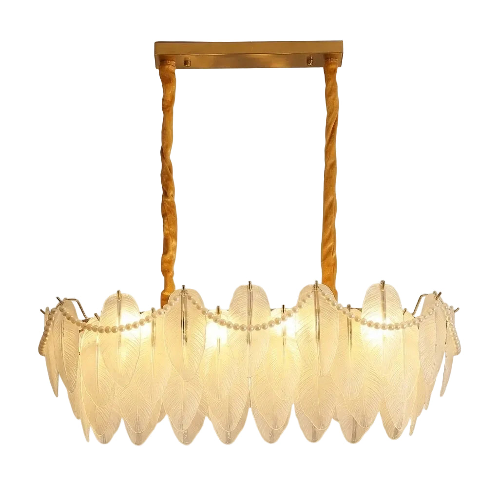 Modern Brass and Frosted White Feather Wave Art Glass Linear Chandelier with Pearl Strand and Gold Canopy on Pure White Background