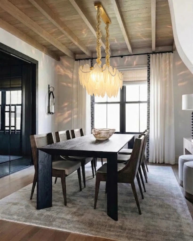 Modern Brass Frosted White Feather Chandelier with Pearl Strand in Luxury Dining Room