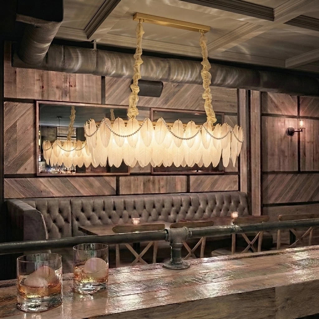 Modern Frosted White Feather Wave Art Glass Linear Chandelier in Retro Lounge Bar Setting