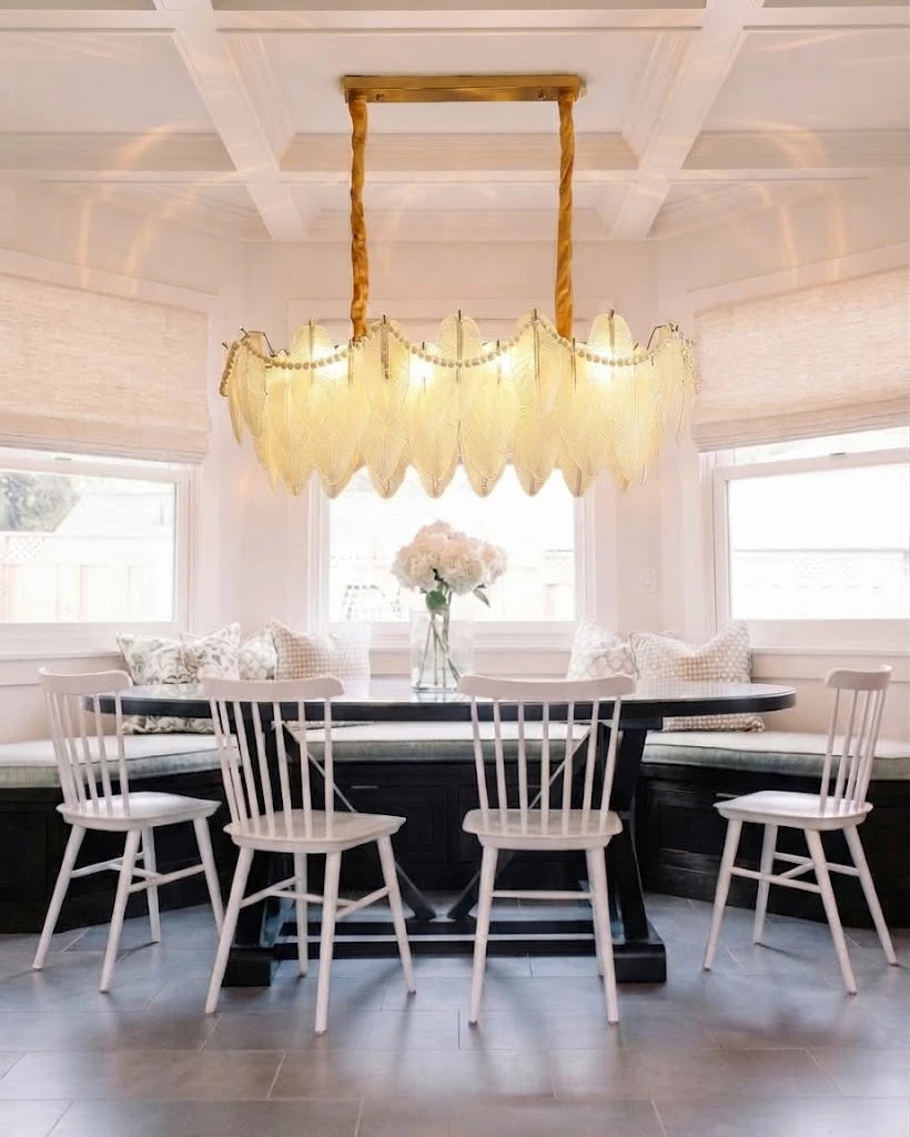 Modern Brass Frosted White Feather Chandelier with Pearl Strand Over Dining Nook