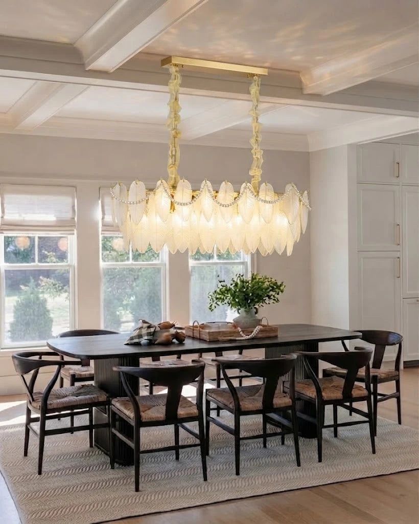 Modern Frosted White Feather Wave Art Glass Linear Chandelier in Luxury Dining Area