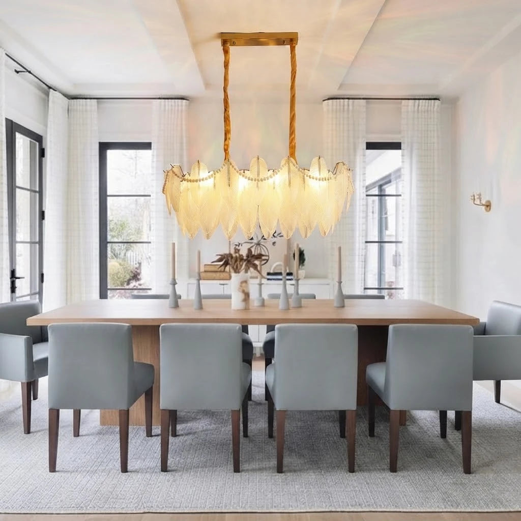 Modern Frosted White Feather Wave Art Glass Linear Chandelier with Pearl Strand in Elegant Dining Room
