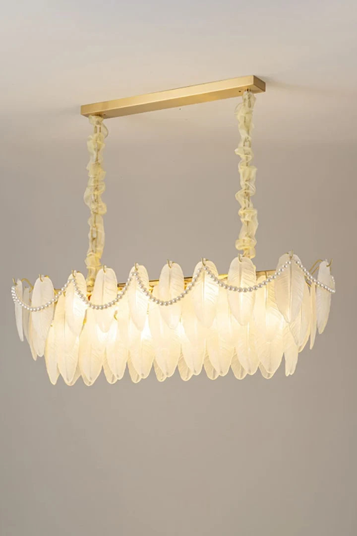 Illuminated Modern Frosted White Feather Wave Art Glass Linear Chandelier with Pearls Studio Display