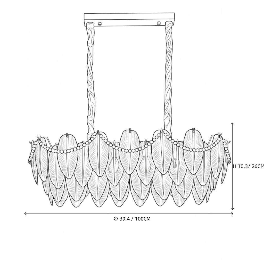 Modern Frosted White Feather Wave Art Glass Linear Chandelier with Pearl Strand Line Art Dimension Diagram