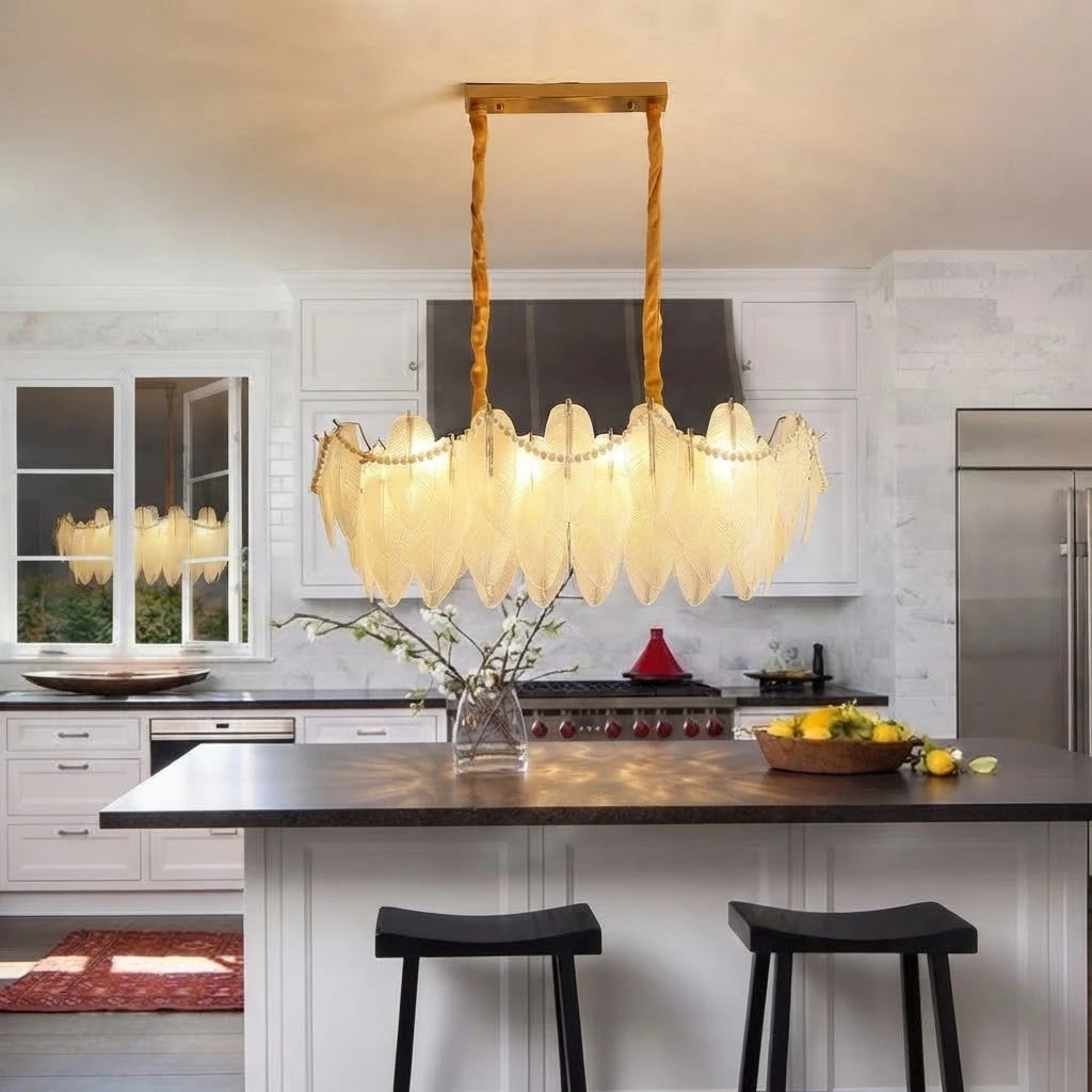Modern Frosted White Feather Wave Art Glass Linear Chandelier Over Kitchen Breakfast Bar