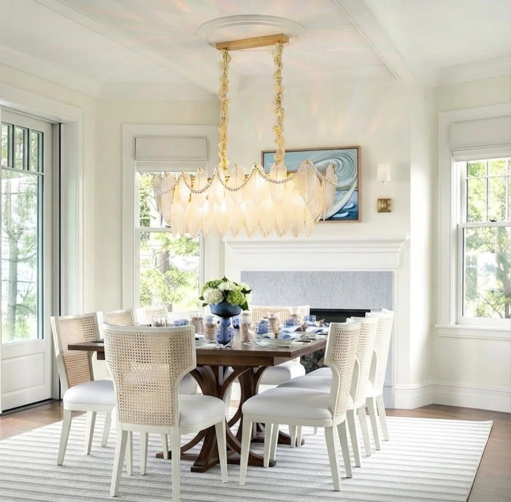 Modern Brass Frosted White Feather Chandelier with Pearl Strand in Contemporary Dining Area