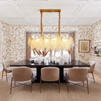 Modern Frosted White Feather Wave Art Glass Linear Chandelier in Open Plan Dining Setting