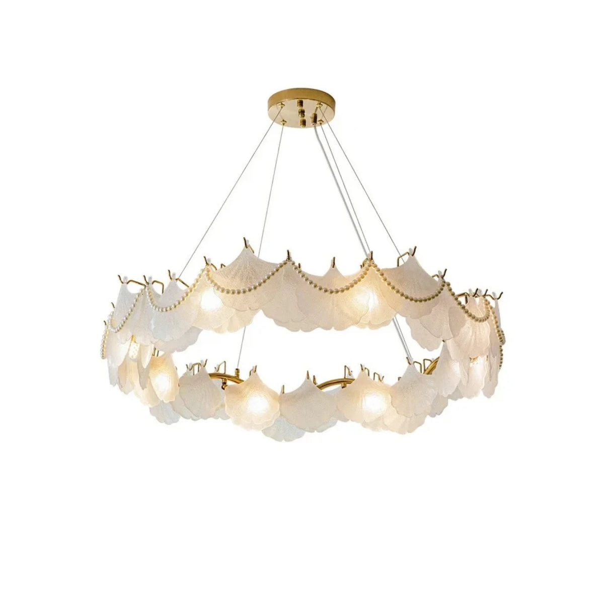 Modern Brass and Frosted White Feather Wave Art Glass Chandelier with Pearl Strand and Gold Canopy on Pure White Background