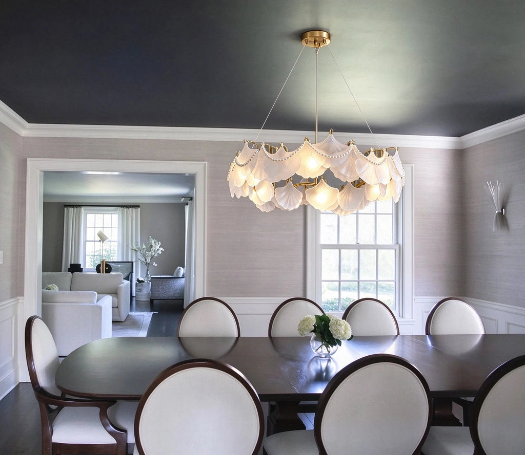 Modern Frosted White Feather Wave Art Glass Chandelier with Pearl Strand in Luxury Dining Room