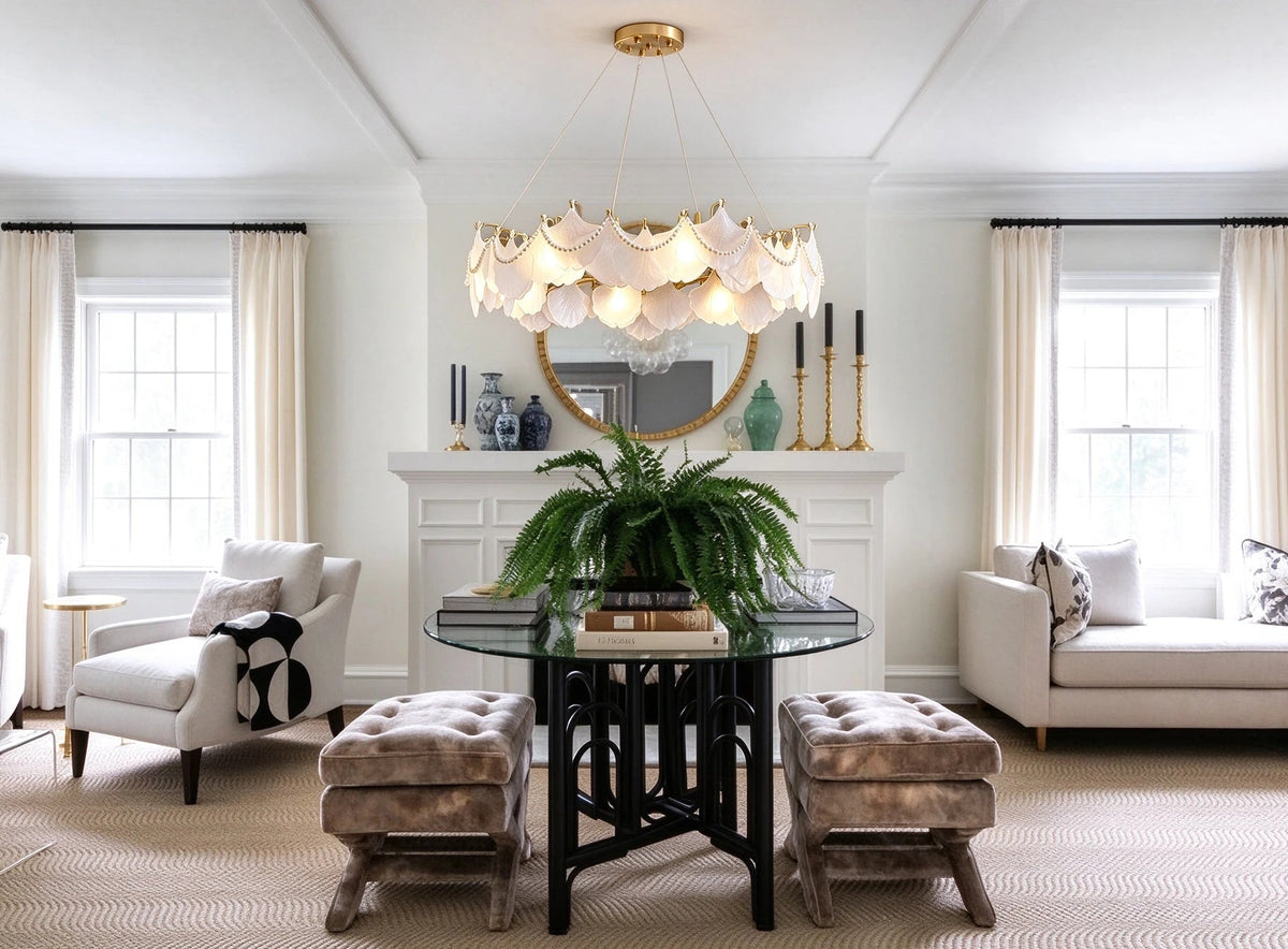 Modern Frosted White Feather Wave Art Glass Chandelier with Pearl Strand in Classic Living Space