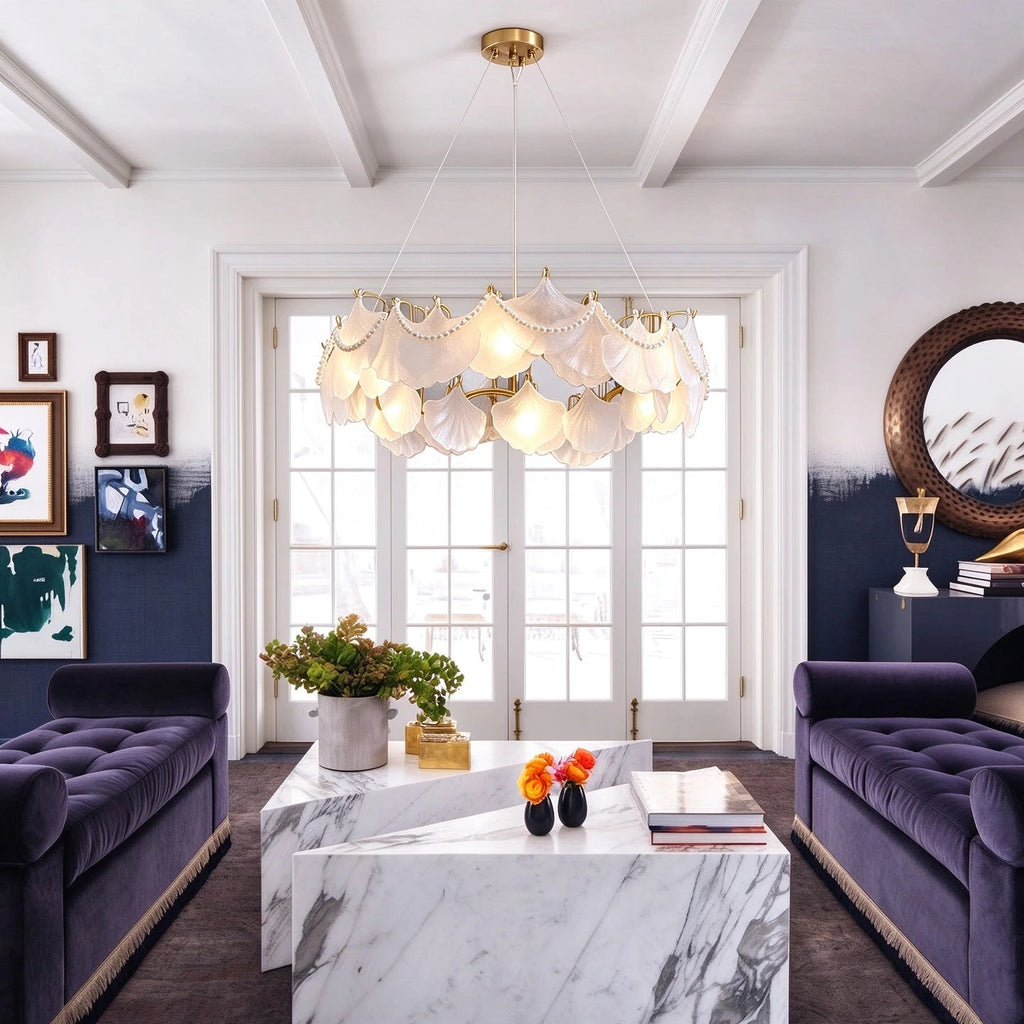 Modern Brass Frosted White Feather Chandelier with Pearl Strand in Luxury Living Room