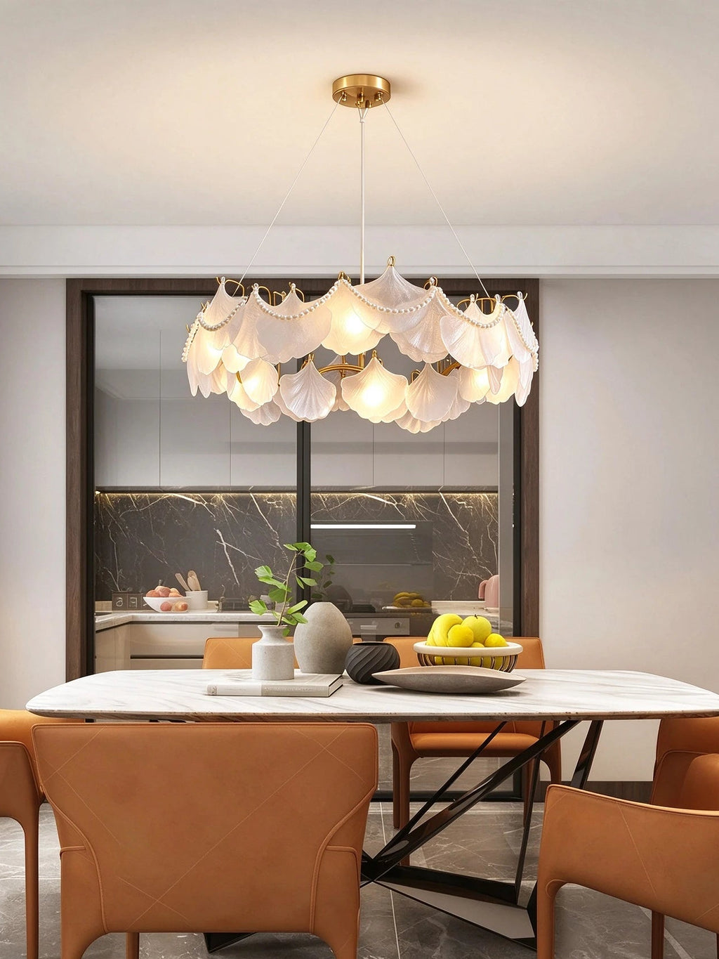 Modern Frosted White Feather Wave Art Glass Chandelier with Pearl Strand in Cozy Dining Setting