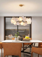 Modern Frosted White Feather Wave Art Glass Chandelier with Pearl Strand in Cozy Dining Setting