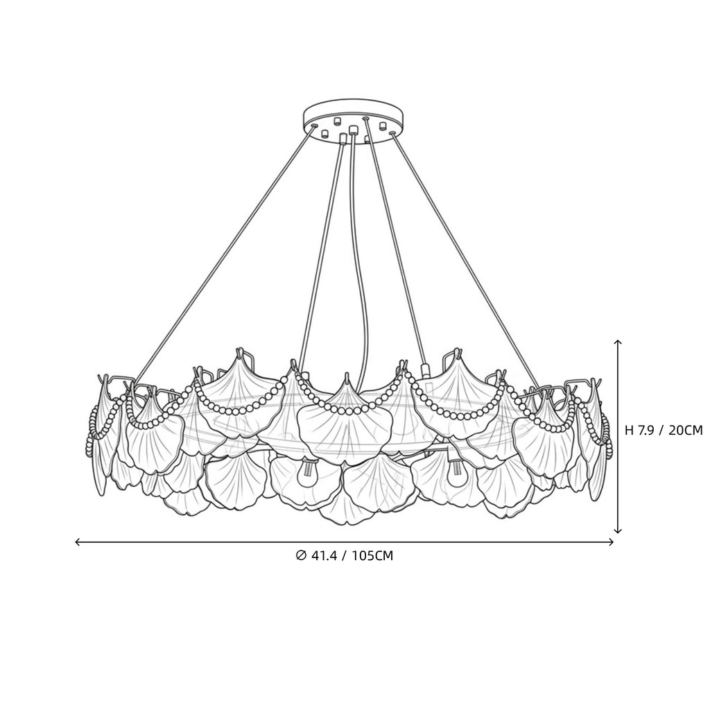 Modern Frosted White Feather Wave Art Glass Chandelier with Pearl Strand Line Art Dimension Diagram