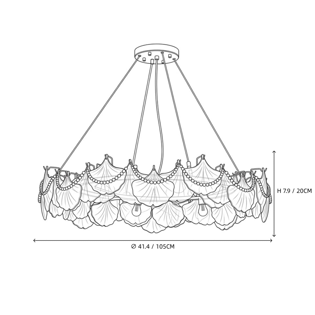Modern Frosted White Feather Wave Art Glass Chandelier with Pearl Strand Line Art Dimension Diagram
