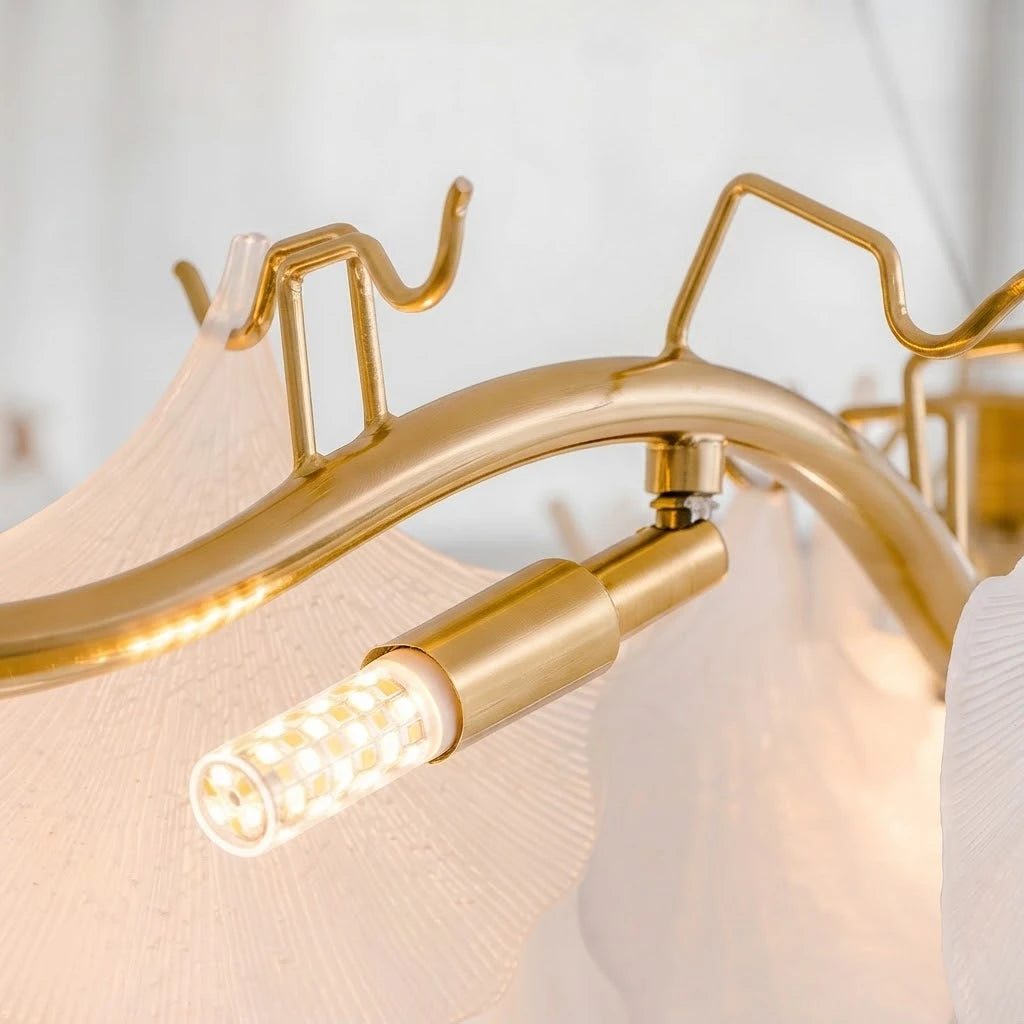 Close Up View of Modern Brass Frame, Lamp Holder and Feather Glass Connection Details