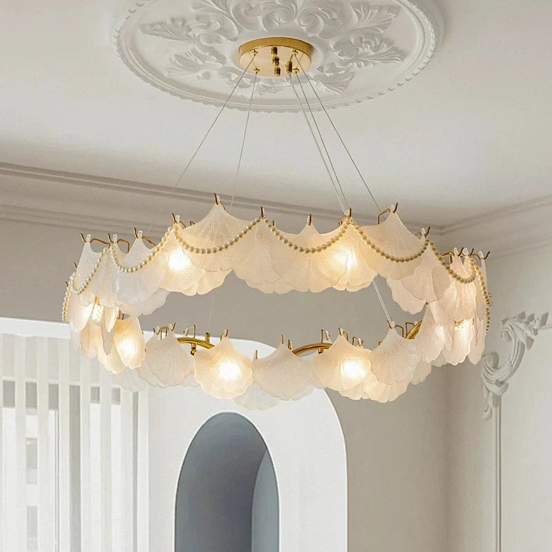 Illuminated Modern Brass Frosted White Feather Wave Art Glass Chandelier with Pearls Studio Shot
