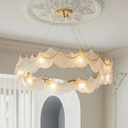 Illuminated Modern Brass Frosted White Feather Wave Art Glass Chandelier with Pearls Studio Shot