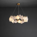 Illuminated Modern Frosted White Feather Wave Chandelier with Pearl Strand Studio Display on Black Background