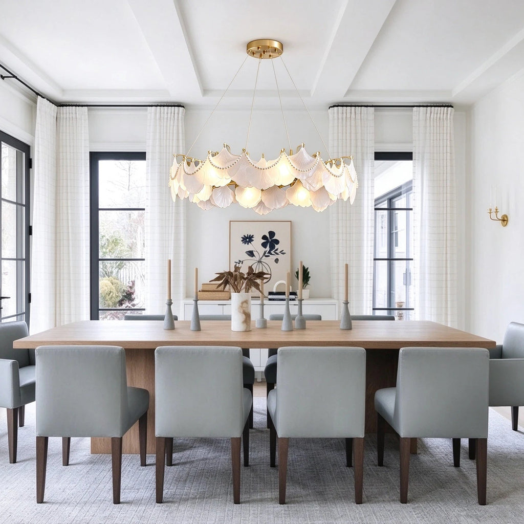 Modern Brass Frosted White Feather Chandelier with Pearl Strand in Formal Dining Room