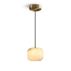 Modern Soft Rounded Alabaster Art Glass Pendant Light with Brass Canopy on Pure White Background