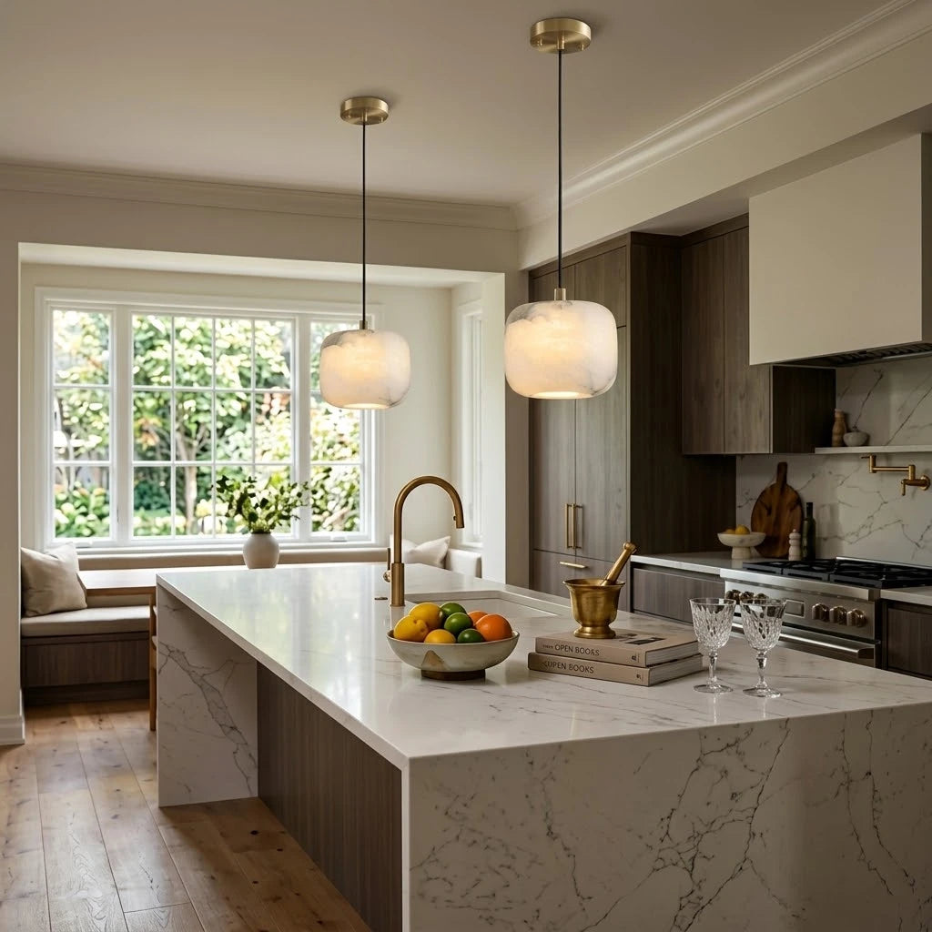 Modern Soft Rounded Alabaster Pendant Lights Over Kitchen Counter
