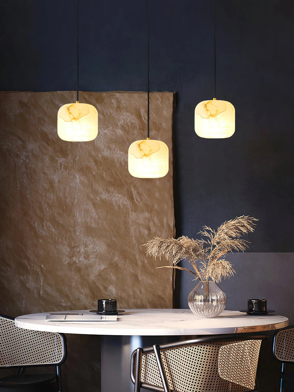 Modern Soft Rounded Alabaster Pendant Lights Over Round Dining Table