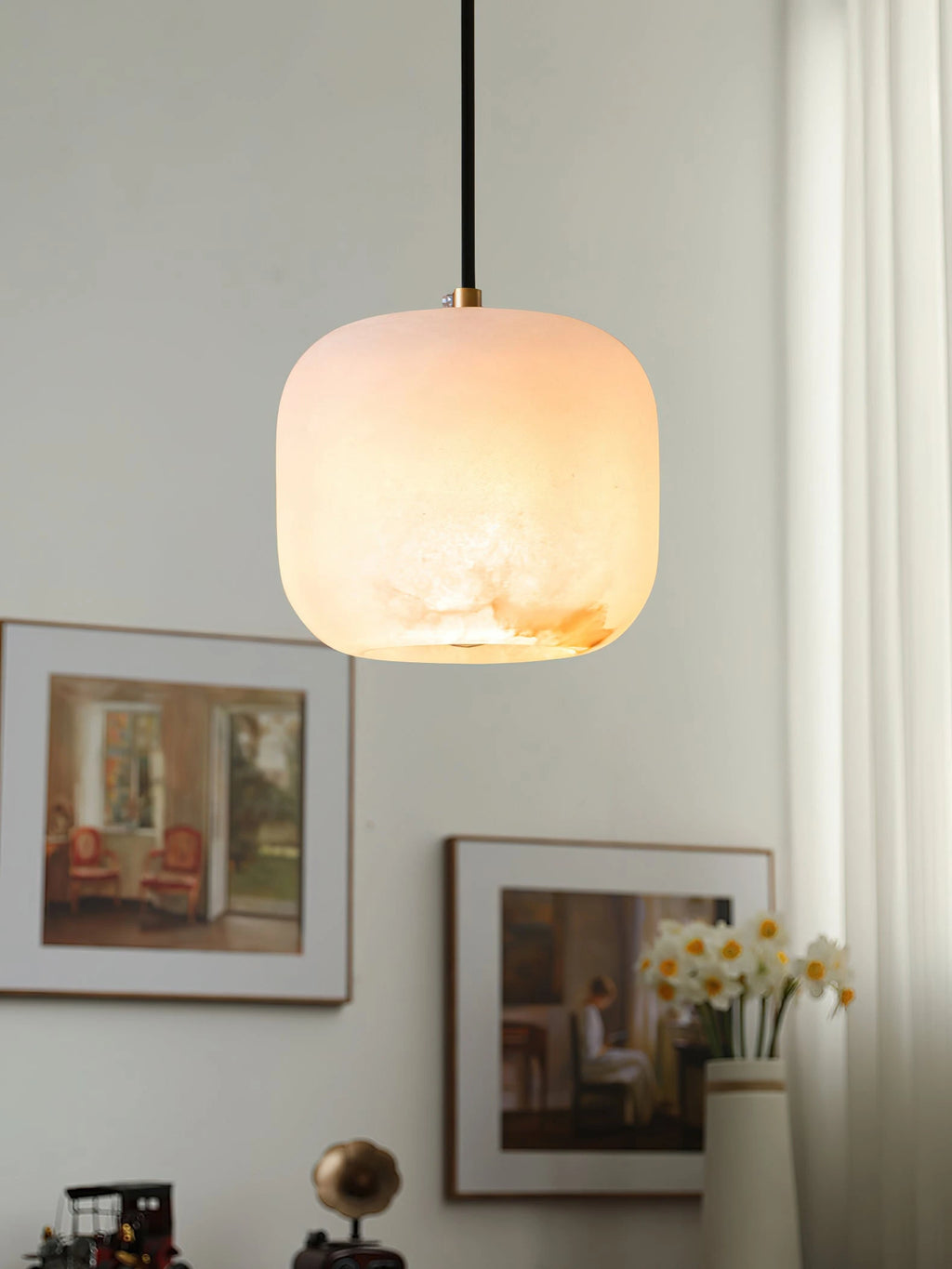 Modern Alabaster Art Glass Pendant Light in Bright Bedroom Setting