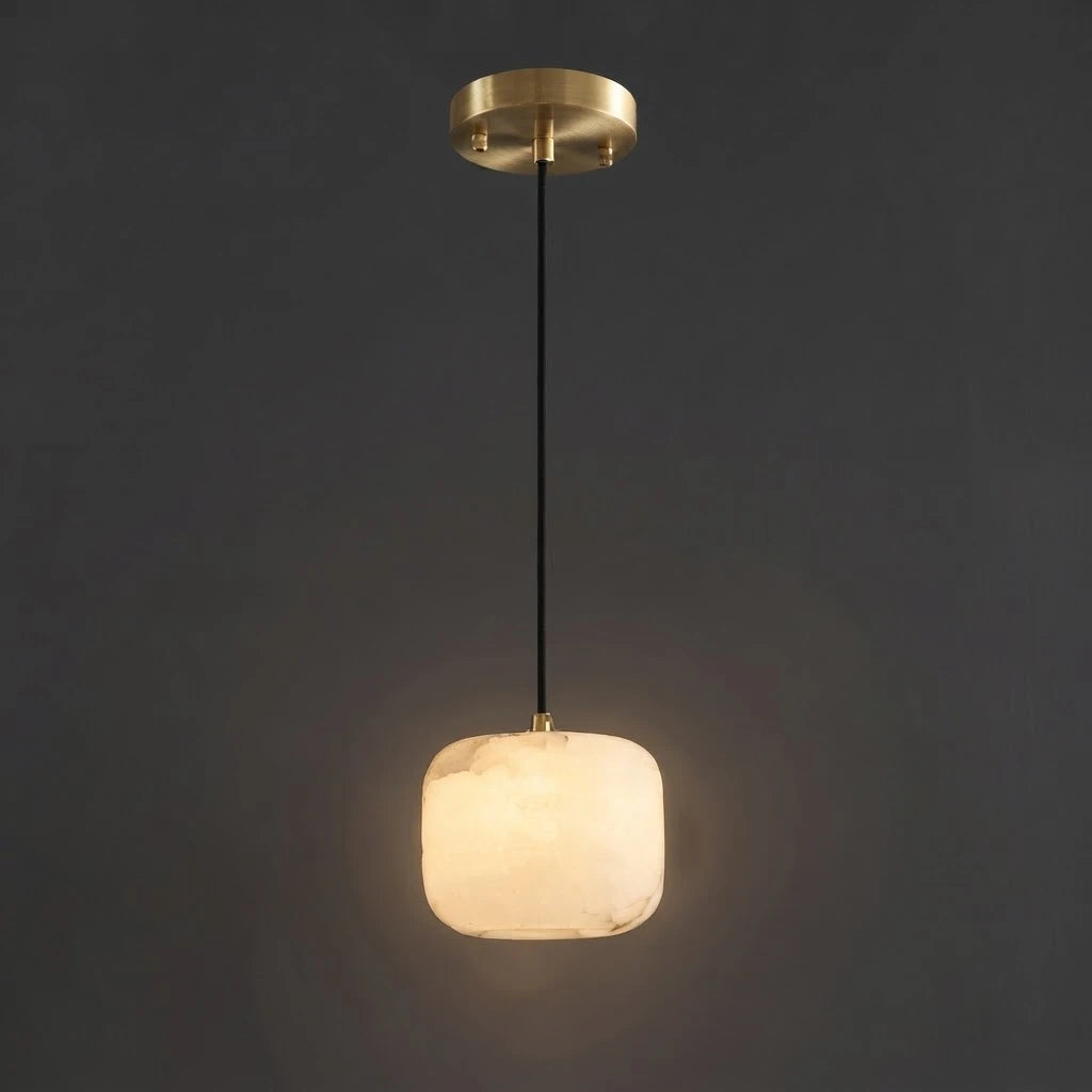 Illuminated Modern Soft Rounded Alabaster Pendant Light Studio Shot