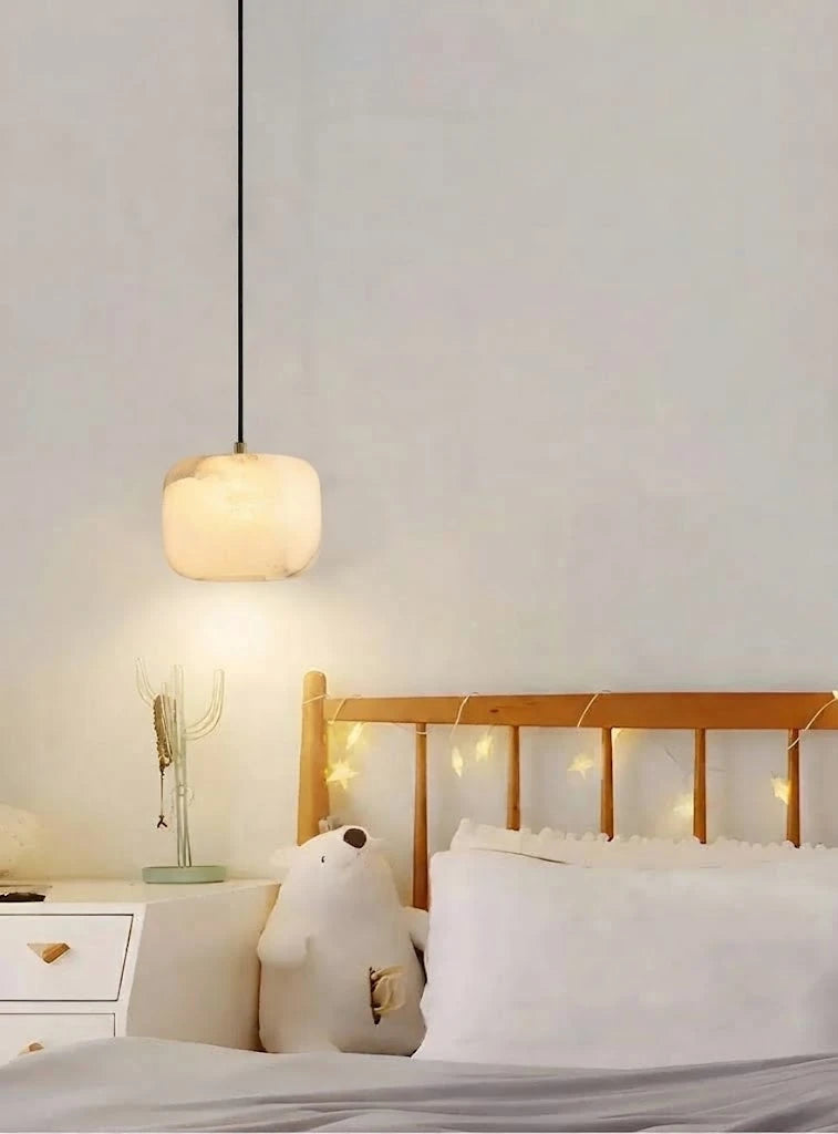 Modern Soft Rounded Alabaster Pendant Light Over Bedroom Nightstand