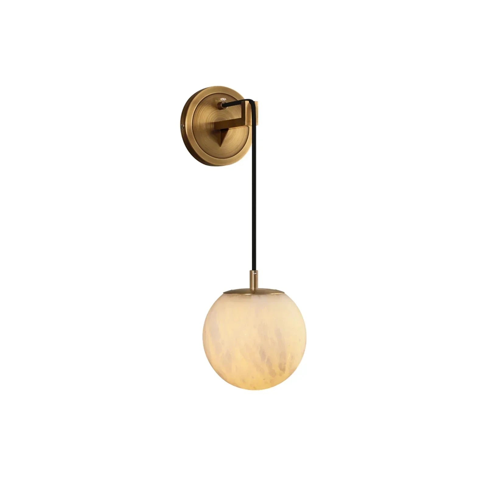 Modern Brass Sphere Alabaster Drop Wall Sconce on White Background