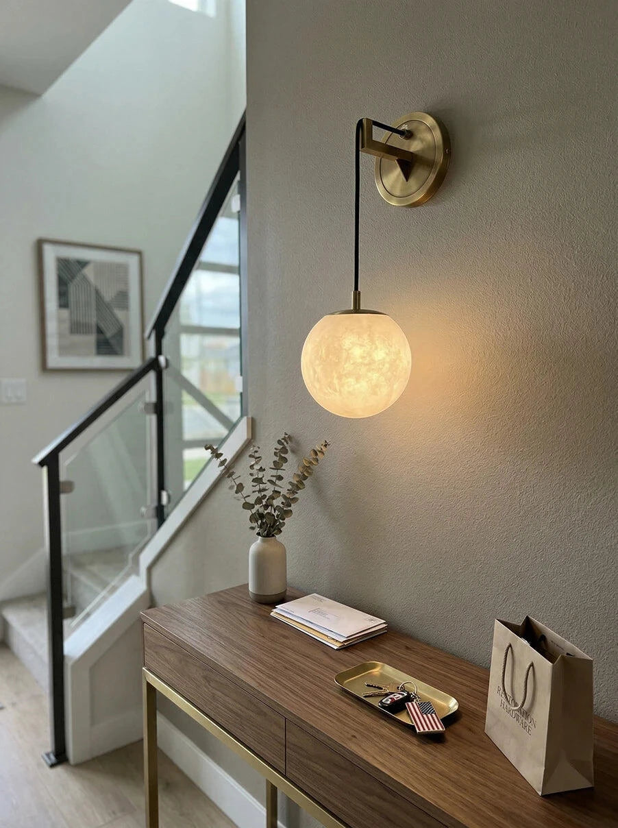 Modern Alabaster Sphere Wall Light in Hallway Entryway Area
