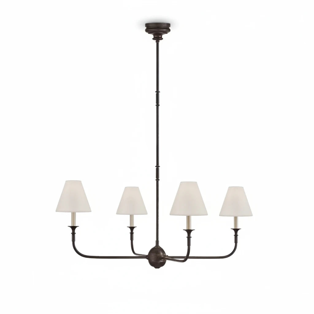 Modern Minimalist Dark Metal Frame Conical Fabric Shade 4-Light Chandelier with Matching Canopy on Pure White Background