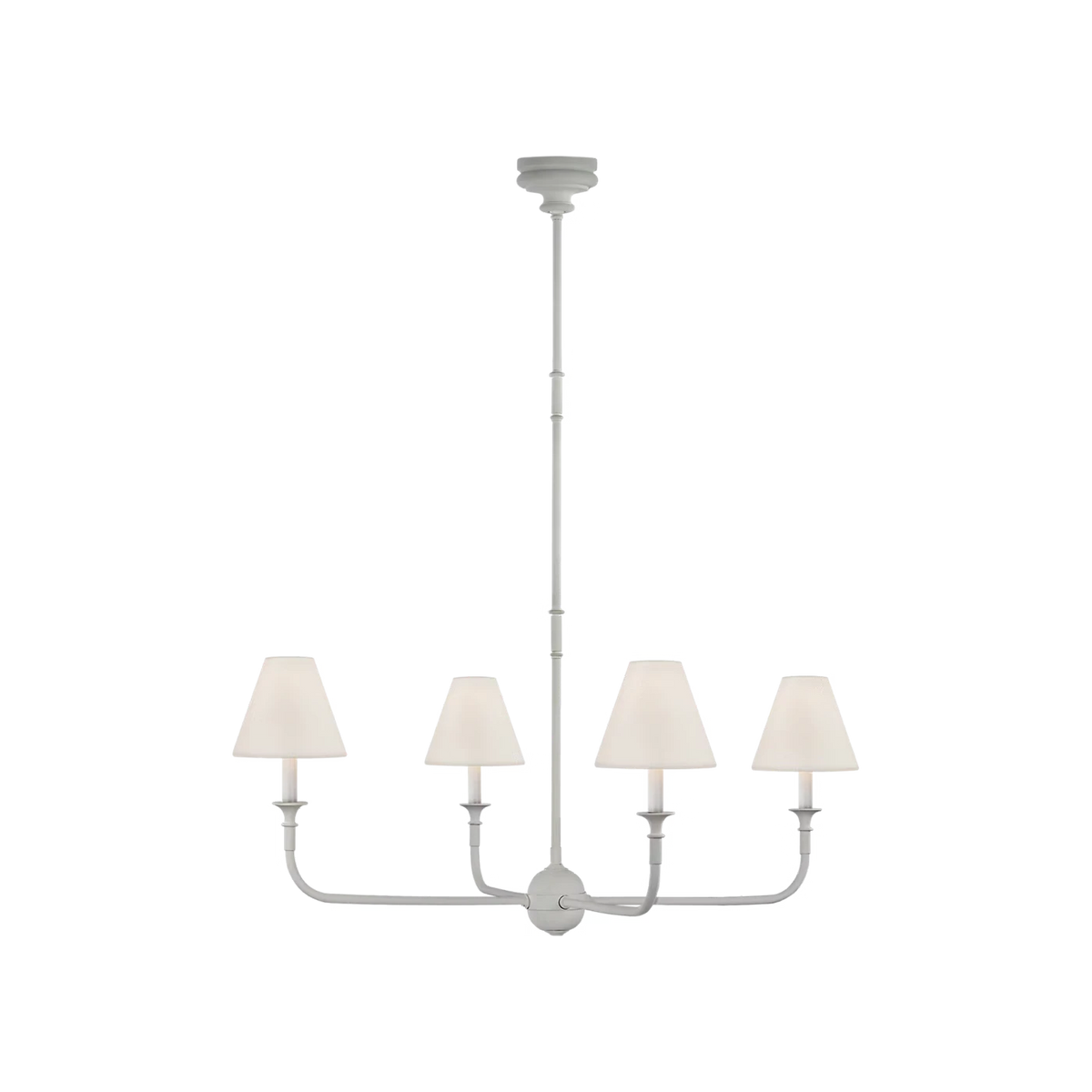Illuminated Modern White Frame Conical Fabric Shade Chandelier Studio Shot