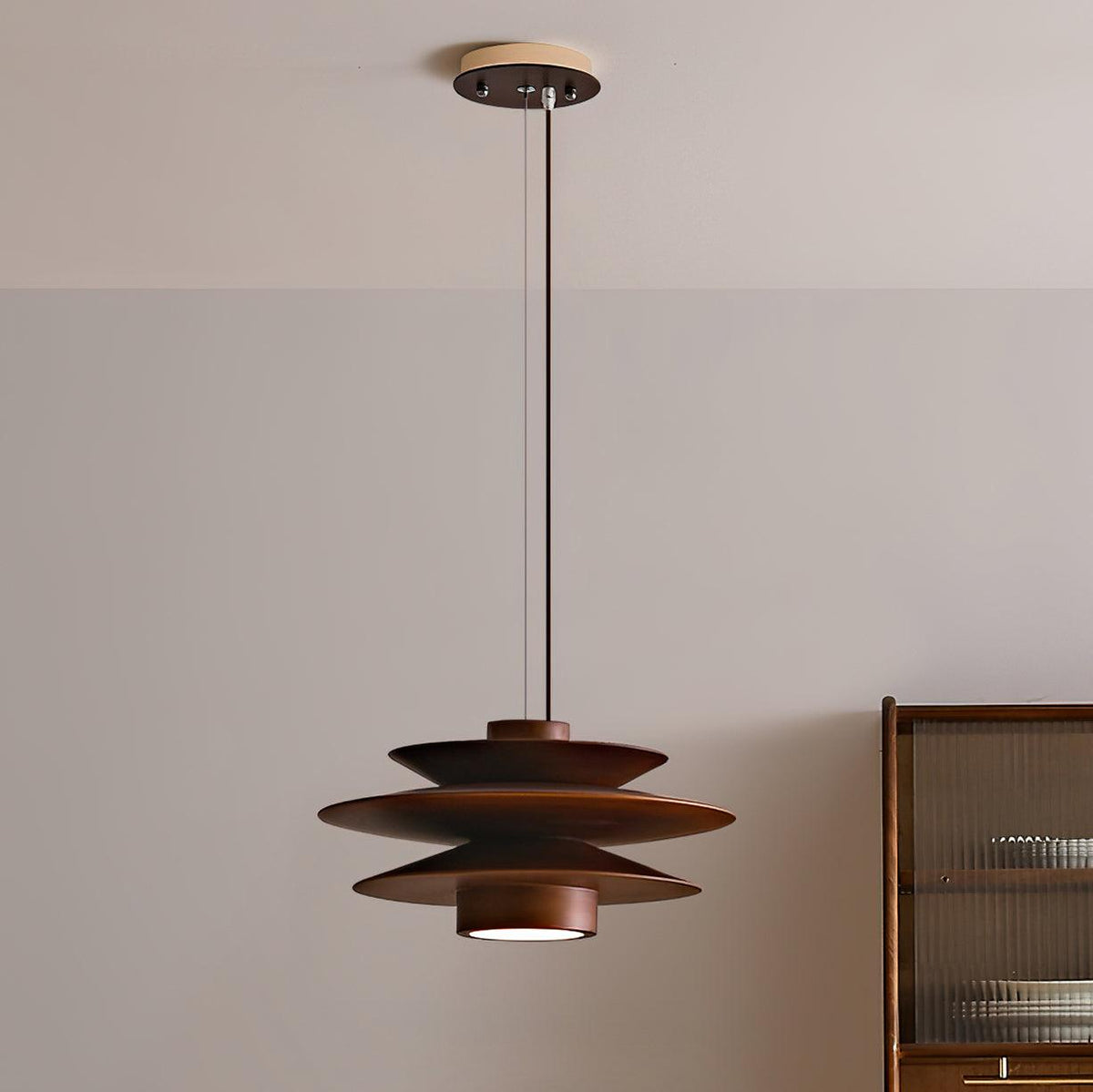 Walnut Wood Flying Saucer Pendant Light Over Dining Nook