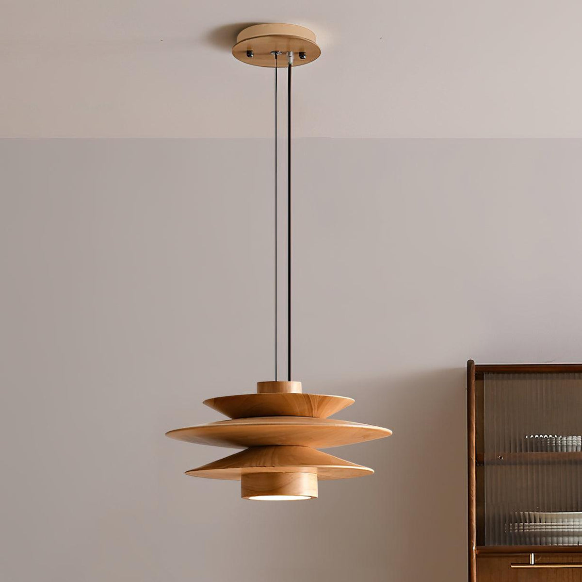 Scandinavian Layered Wooden Pendant Light in Cozy Corner