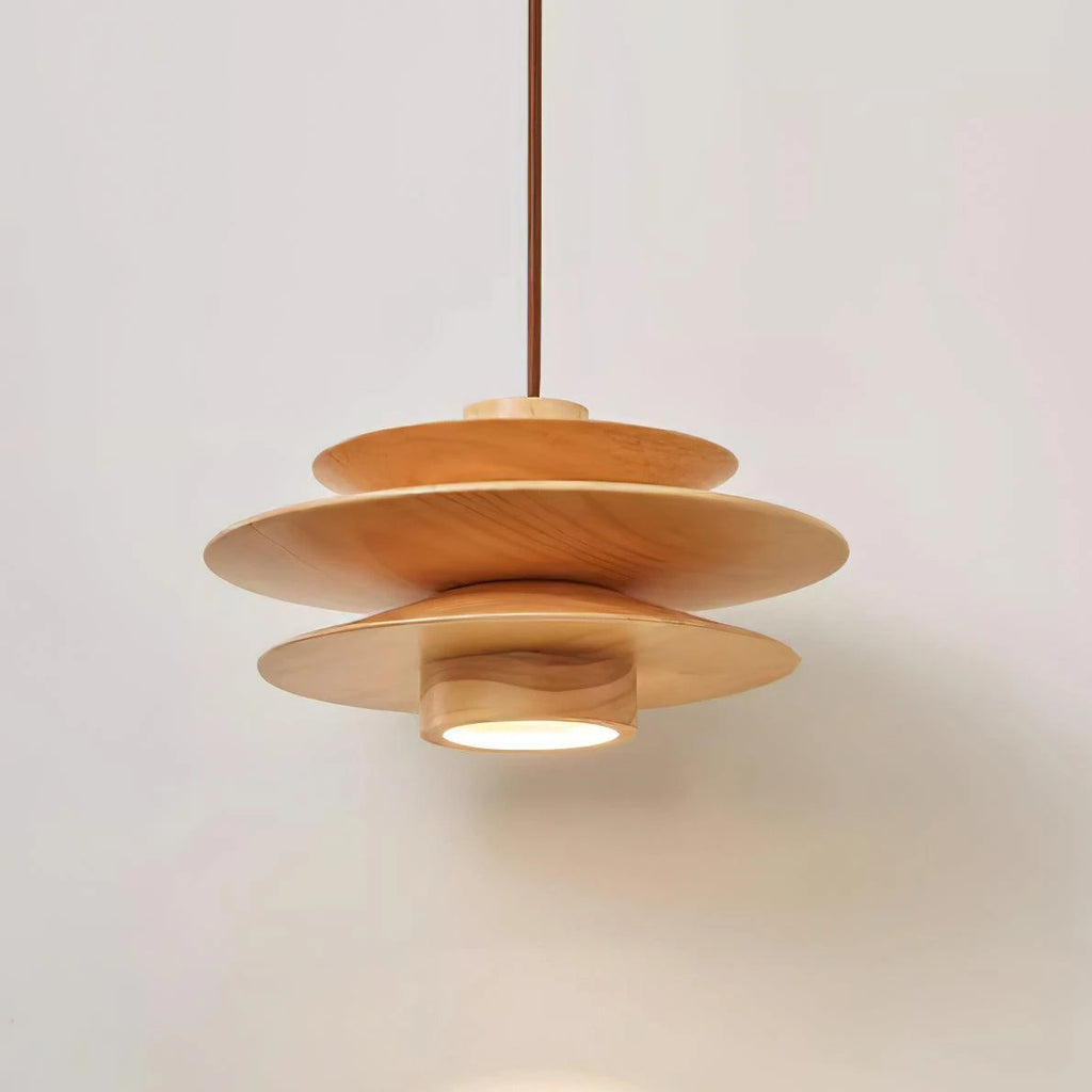 Illuminated Modern Natural Wood Multi-Tier Art Pendant Light Studio Display