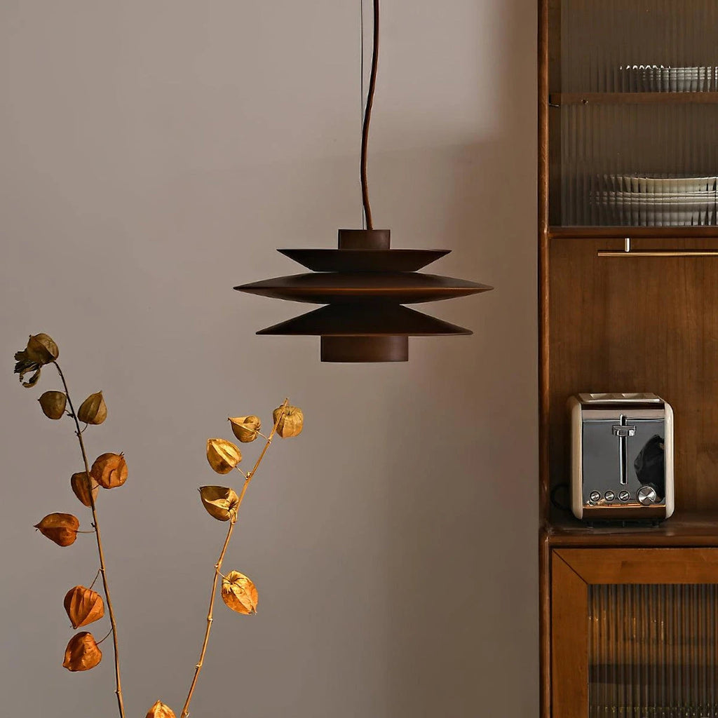 Modern Dark Wood Multi-Tier Pendant Light in Vintage Living Room Setting