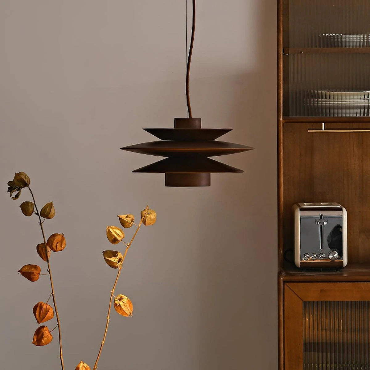 Modern Dark Wood Multi-Tier Pendant Light in Vintage Living Room Setting