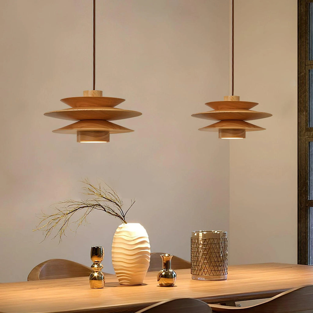 Modern Wooden Multi-Tier Art Pendant Light in Elegant Dining Setting