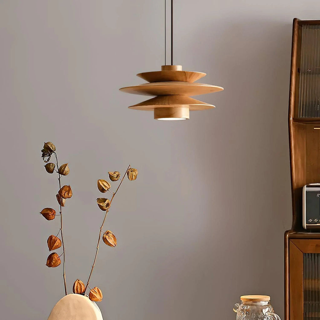 Modern Natural Wood Multi-Tier Pendant Light in Wooden Dining Space