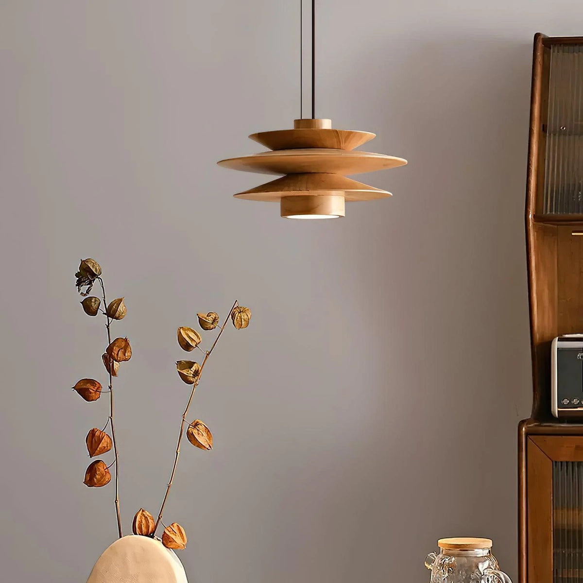 Modern Natural Wood Multi-Tier Pendant Light in Wooden Dining Space