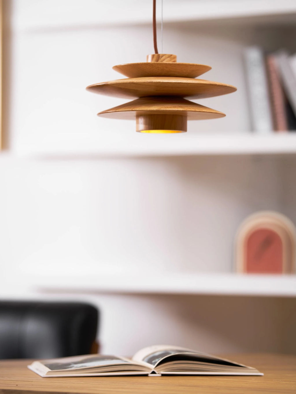 Modern Wooden Multi-Tier Pendant Light in Cozy Home Office