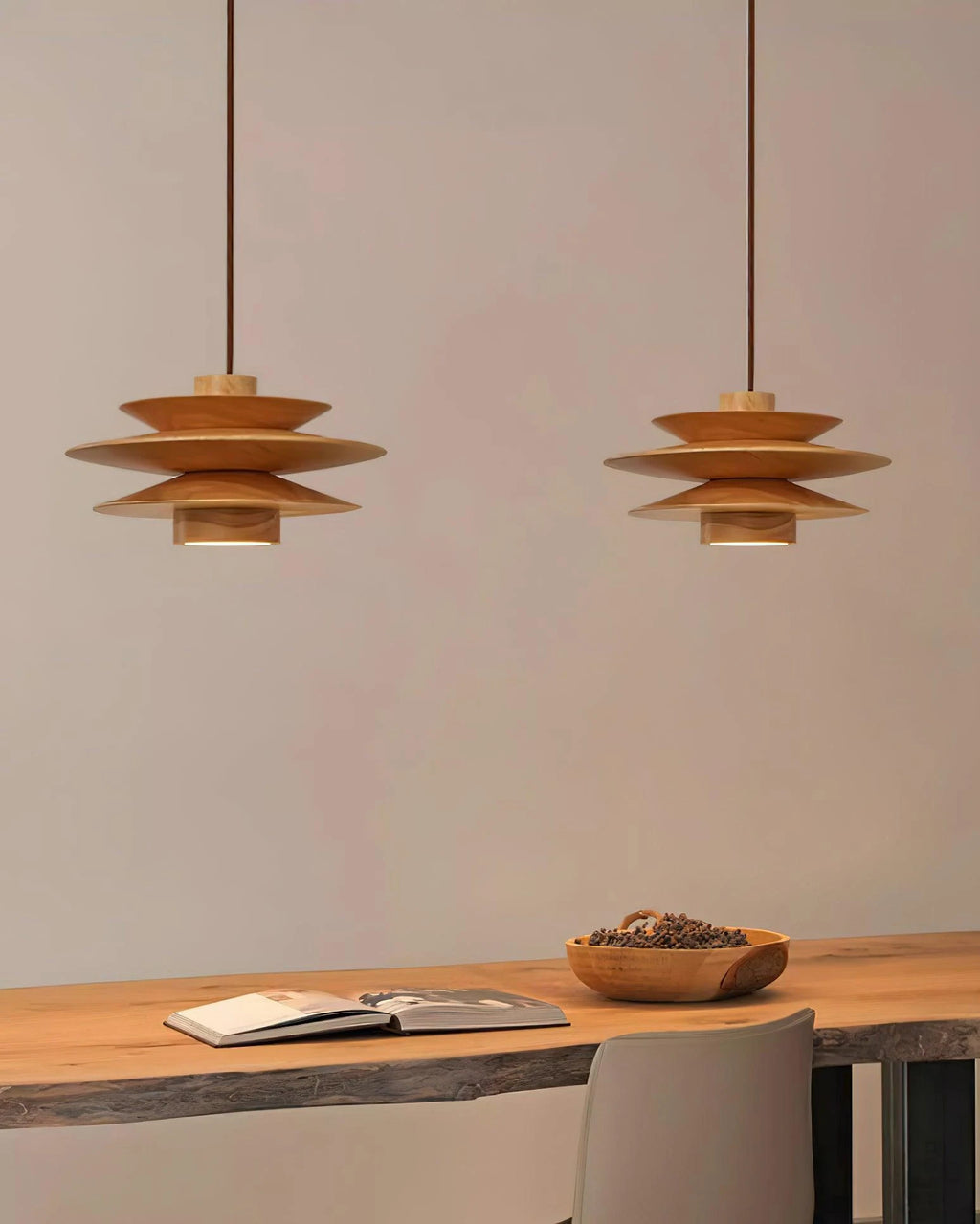 Modern Wooden Multi-Tier Pendant Lights Over Dining Table