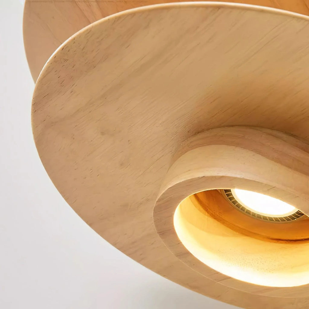 Close Up View of Wooden Pendant Light Internal Bulb and Structure