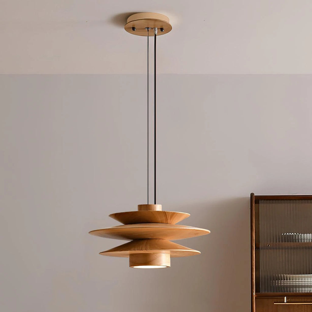 Front View of Modern Natural Wood Multi-Tier Pendant Light Studio Shot