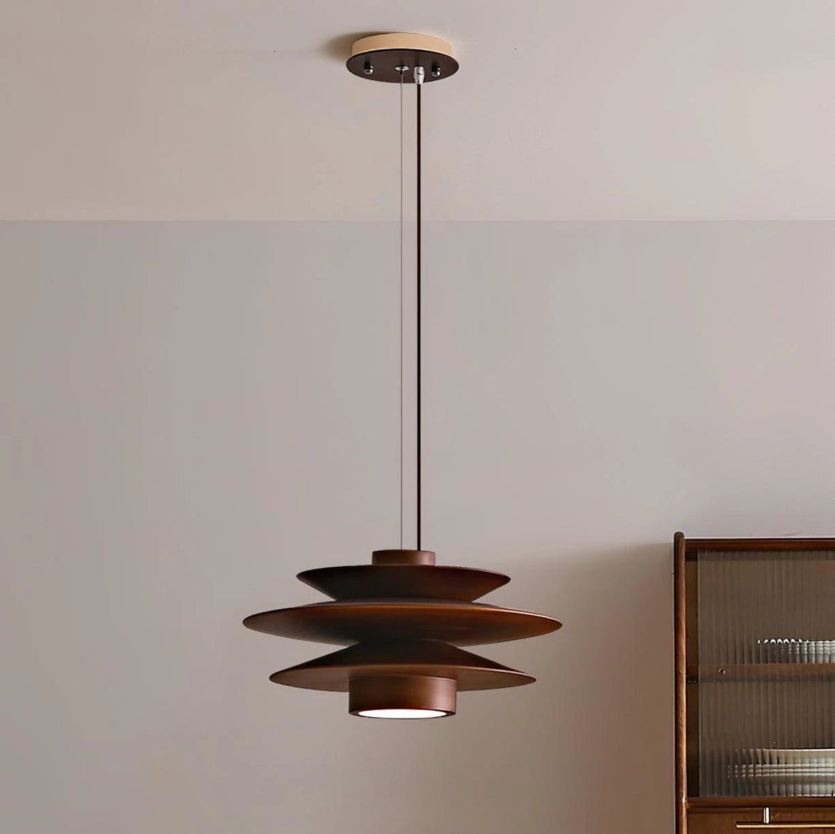 Illuminated Modern Dark Wood Multi-Tier Pendant Light Studio Shot
