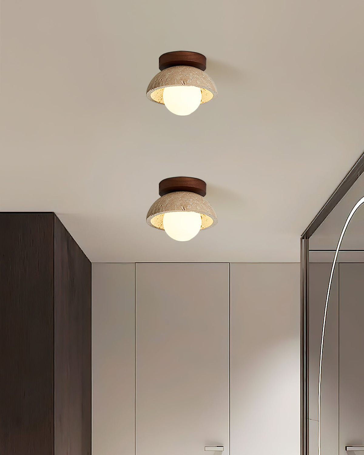 Pair of Travertine Bowl Flush Mount Ceiling Lights in Contemporary Hallway
